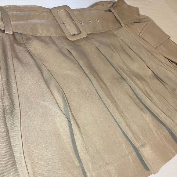 REFORMATION Brinley Belted Pleated Cargo Skirt Khaki Belt Pockets Zipper Size 12 - Picture 13 of 15